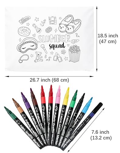 TOUROAM Slumber Party Coloring Pillowcase with 12 Pcs Fabric Markers, Color Your Own Pillowcase Kit for Pajama Party, Coloring Craft Decoration Supplies (26.7 x 18.5 Inch) (Slumber Party)