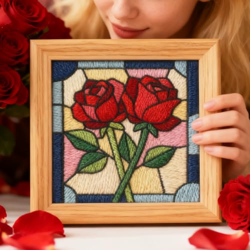 INFUNLY Red Rose Punch Needle Kits for Adults Beginners Flowers Needle Embroidery Starter Kit Floral DIY Punch Needles Kit with Instruction Needles Fabric for Art Crafts Festival Gift Home Decor - style: Red Rose