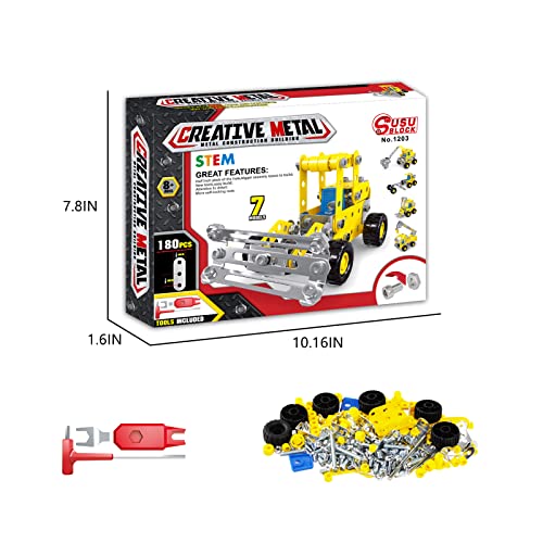 Ferthor Fun 7 in 1 STEM Toys,Creative Set for Boys Age 8-12,Learning Engineering Kids Building Blocks Model Kits,Metal Construction Toys for Kids 8 9 10 11 12+ Year Old(180PCS No Motor) - size: Engineering Vehicle series 180PCS