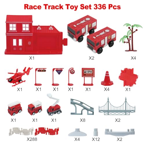BEMITON Race Track Playset for Kids - Flexible DIY Car Track Toy, Educational Birthday Gift for Boys Ages 3 4 5 6 7, 330+ PCS Building Kit with Fire Trucks - color: Red Fire Station Race Track