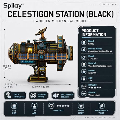 Spilay Mechanical 3D Wooden Puzzle for Adults, Wood Model Building Kit - color: Celestigon Station(black)