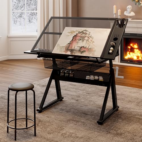 Hand Crank Adjustable Height Glass Drafting Table with Stool and Drawers - color: Black-c