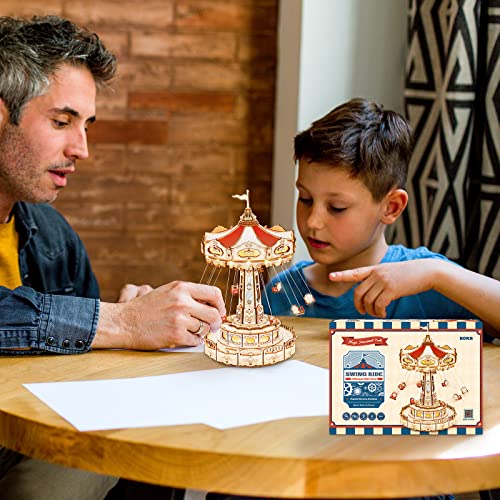 ROKR 3D Puzzles Wooden Music Box Kit with LED, Rotating Swing Ride Mechanical Model Kit DIY Wood Craft Hobbies Kit for Adults Birthday for Adults
