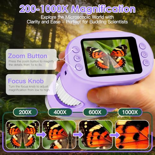 4K 1000X Handheld Digital Microscope for Kids with 2.0" IPS Screen(Purple) - color: Purple