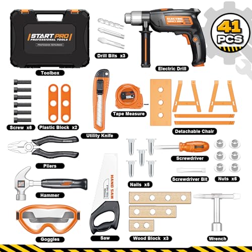 Kids Tool Set with Tool Box Electronic Toy Drill, Toy Tool Set for Boy Girl - style: Black+Orange