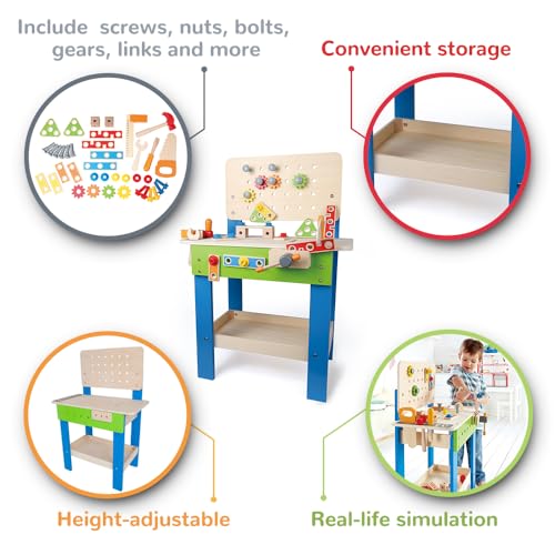 Award Winning Hape Master Workbench Kid's Wooden Toolbench Pretend Builder Set, Multicolor (E3000)