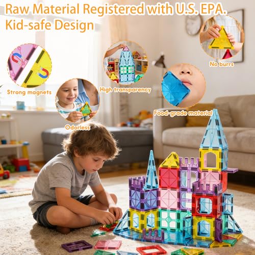 Antibacterial Magnetic Tiles 124PCS with 4 XL Squares, STEM Toy - size: 124 PCS (4 XL Squares Included)