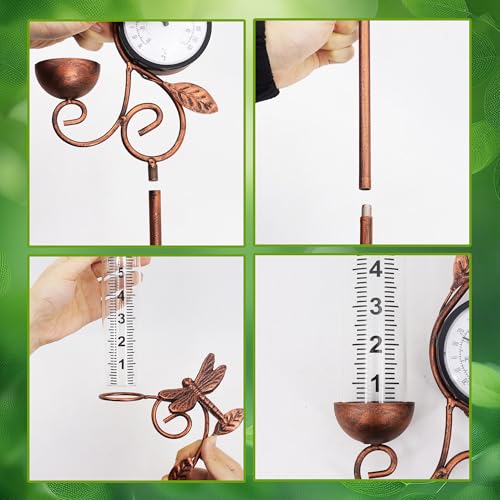 36.5in Dragonfly Rain Gauge Thermometer Bronze Metal Garden Stake Decor - color: Bronze Dragonfly
