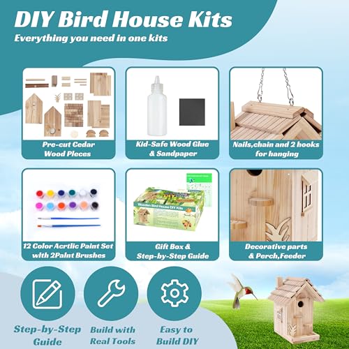 DIY Birdhouse Building Kit for Adults, Wooden Bird Houses to Paint for Kids, Outdoor Woodworking Kits Adult Crafts for Outside(Wood, 6.5in) - style: 6.5 in