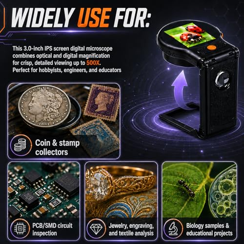 500X Handheld Digital Microscope with 2" IPS Screen, Digital Magnifying Glass 1080P Auto Focus, PC Connect, Memory, Photo/Video Capture, 500x Magnification Portable Microscope for Kids, Coins