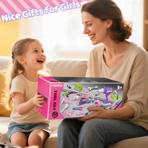 Kids Tool Set with Tool Box Electronic Toy Drill, Toddler Tool Set for Girl - style: Pink