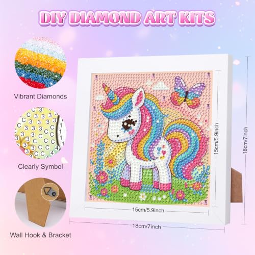 GHHKUD Cute Rainbow Unicorn Diamond Art Painting Kits for Kids with Frame, Animal Diamond Art Adults Kids Crafts for Ages 4-6-8-12, Easy to DIY Gifts Package Home Wall Decor 7x7inch - color: Cute Rainbow Unicorn