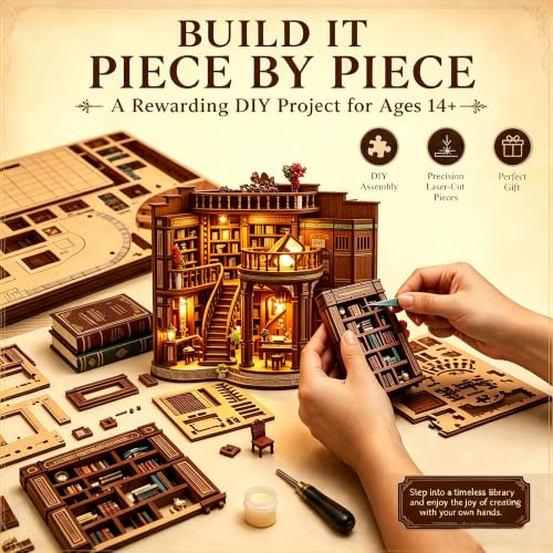 3D Puzzle for Adults, Dreamy Book Hall Wooden Model Kit with LED Lights