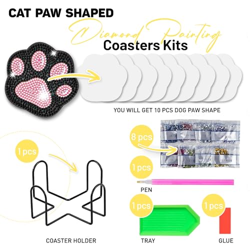 10 pcs Diamond Painting Coasters | Diamond Art Coasters | Cat Paw Diamond Art Painting | Perfect Art Craft Gift for Cat Lover, Dad, Mom, Grandparents, Brother, Sister. - color: Cat Paw