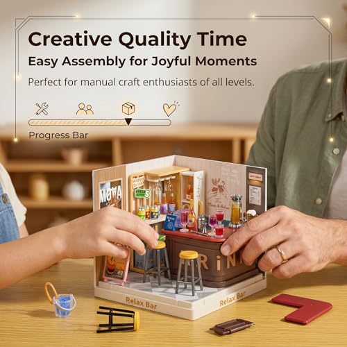 Relax Bar Miniature House Kit, Plastic DIY Dollhouse with Bar Counter & High Chairs, Stackable Transparent Dust Cover, Creative Desktop Decor for Adults Teens - color: Relax Bar, size: Small
