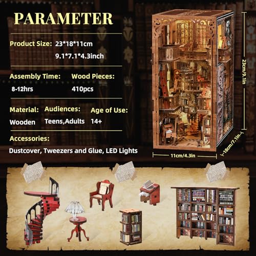MiniCity Book Nook Kit, DIY Miniature Dollhouse Booknook Kit, 3D Wooden Puzzle Bookend Bookshelf Insert Decor with LED Light for Teens and Adults (Abbey Library) - color: Brown
