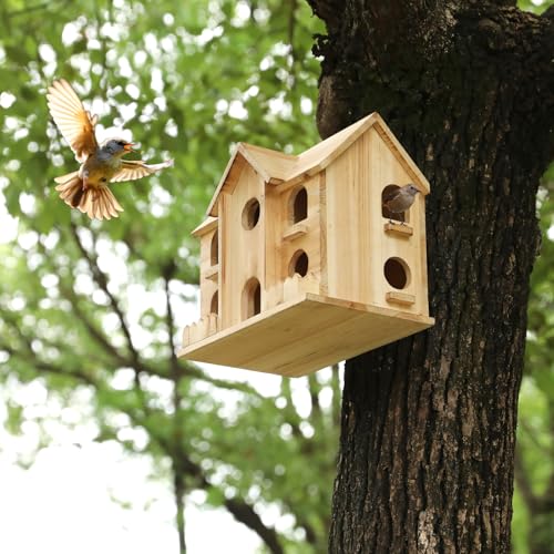 10-Hole Wooden Bird House for Outside, Hanging Birdhouse