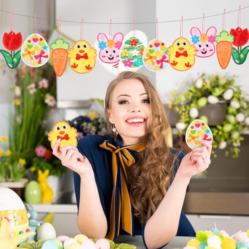 Feifeiya 24 Pack Easter Suncatcher Craft Kit Easter Window Art Kit Bunny Carrot Egg Crafts Window DIY Tissue Paper Suncatcher Decoration Ornament for Classroom Art Party Favor Supplies - style: Easter