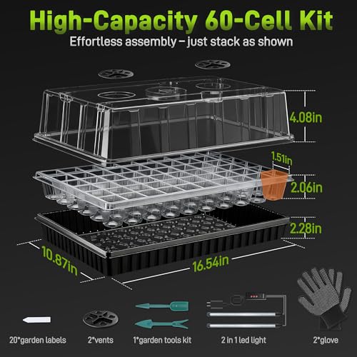 Mulctun 60-Cell Seed Starter Tray with Grow Light, Seedling Starter Trays with 4.08" Humidity Dome, Self-Watering Plant Germination Trays,Seed Starter Kit for Seeds Growing (Black) - size: 1 Pack