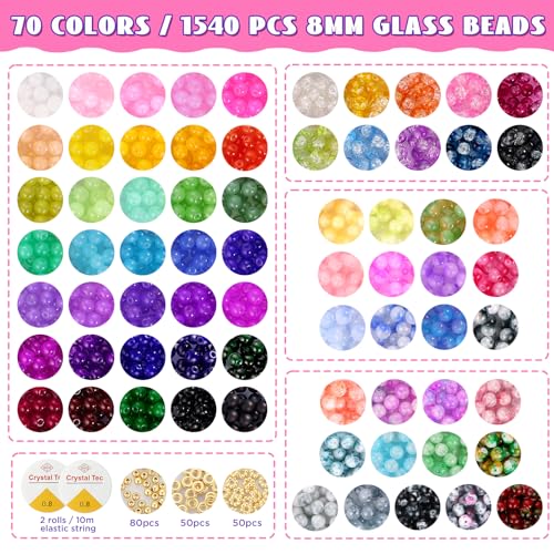 Glass Beads Bracelet Making Kit, 70 Colors Crystal Beads for Jewelry Making - size: 8mm