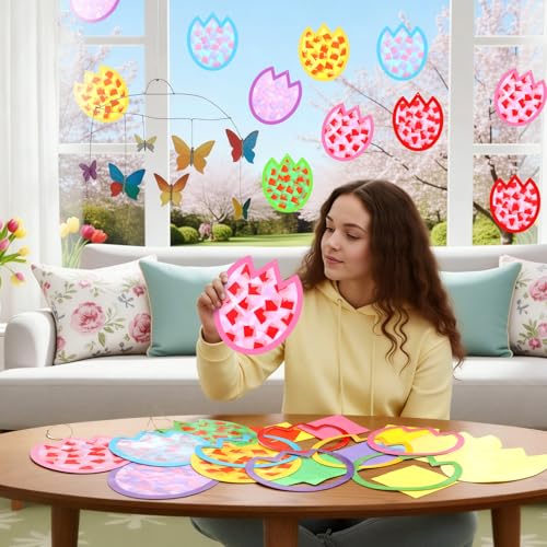 DoubleFill 48 Pcs Tulip Suncatchers Craft Kits Flower Craft DIY Stained Glass Effect Tissue Paper Kits Bulk for Home Window Decor Ornament Party Art Activities - style: Tulip