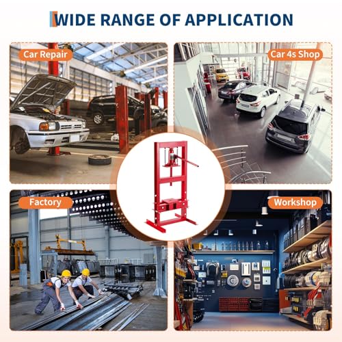 6 Ton h Frame Hydraulic Shop Press, Heavy Duty Garage Floor Press with Adjustable Height, Built in Relief Valve, Professional Grade Car Repair Tool for Bending Straightening Bearings u Joints, Red - size: 6 Ton