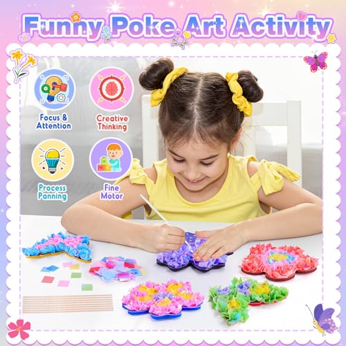 MDINGTD Toys for 3 4 5 6 7 8+ Year Old Girls, Poke Art Flower Bouquet with 8 Flowers & 2 Butterflies Arts and Crafts for Girls Ages 3-8 DIY Creative Activity Birthday Valentine Gifts Craft Kits - style: Flower Bouquet