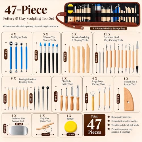 47PCS Pottery Tools Kit, Ceramic Tools, Clay Sculpting Tools - color: 47Pcs