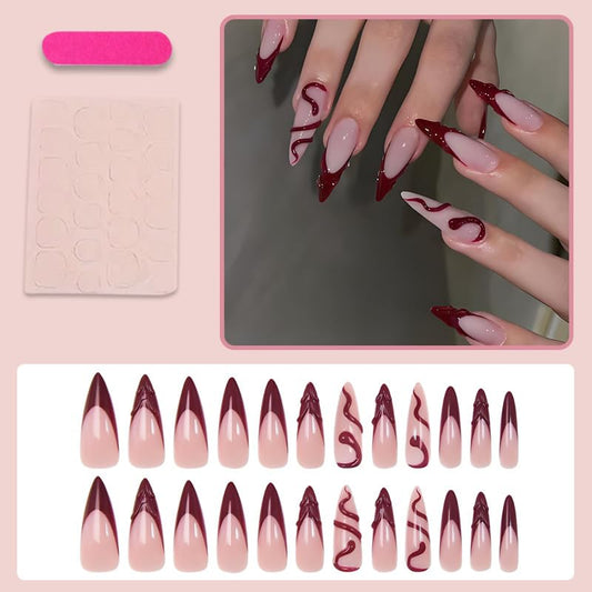 Long Press on Nails Almond, Acrylic Press on Nails with Flower Designs, Long Almond Nail Tips for Women 24pcs - color: Color29