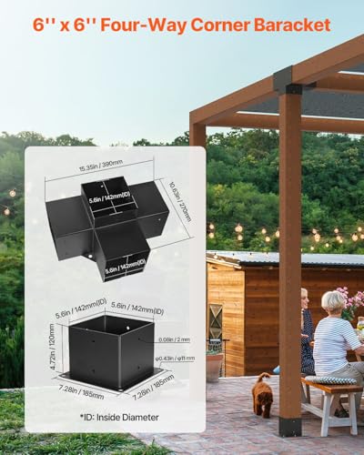 VEVOR Pergola Bracket Kit, 6x6 Inch (Inner Size 5.5x5.5), 2 Pcs 4-Way Heavy Duty Corner Bracket Woodworks DIY Post Base Kit, Easy Installation Wooden Beams for Gazebos, Patio Pergolas, Log Cabin - size: 4PC 4-Way 6*6 SET