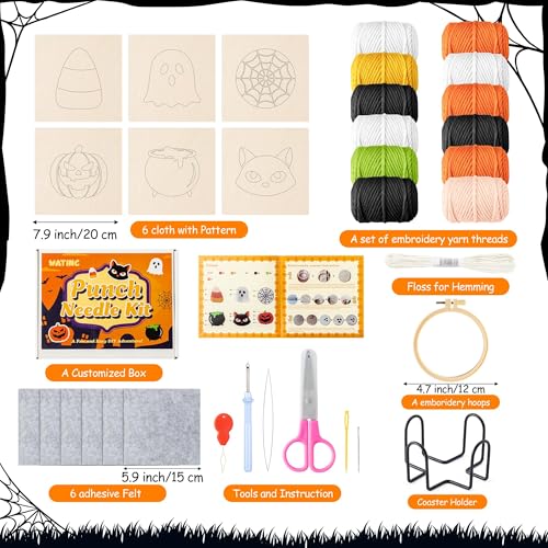 WATINC Halloween Punch Needle Coaster Kits - 23Pcs Easy Art Work Decor Craft Supply for Beginners, DIY Set of 6 Pattern Tufted Pads with Adhesive Felt Yarns Tools Coaster Holder Instruction (Orange) - color: vibrant, orange, black, purple