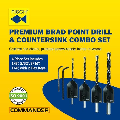 Fisch Brad Point Drill & Countersink Combo Set, 4-Piece (1/8"–1/4") Woodworking Kit with 90° HSS Countersinks, Precision Centre-Point Accuracy, Includes 2 Hex Keys, Made in Austria