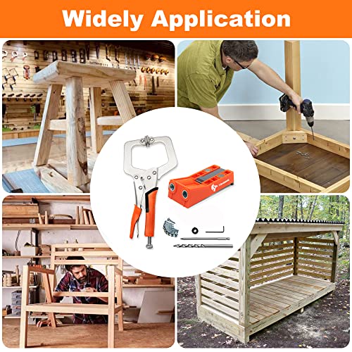 Pocket Hole Jig System Kit, Pocket Screw Jig with 11 Inch Clamp, Square Driver Bit, Hex Wrench, Depth Stop Collar, Step Drill Bit, Coarse Square Driver Screws, All In One for Joinery Work