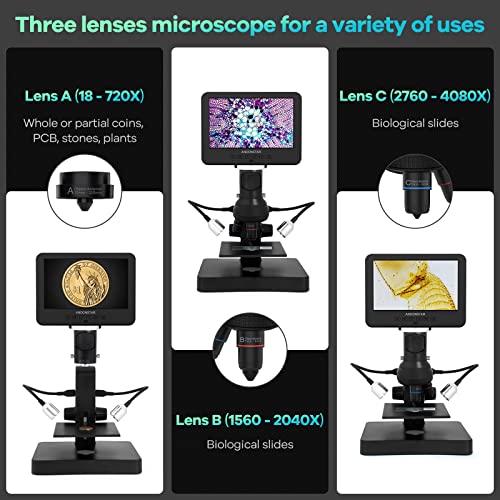 Andonstar AD246S-P HDMI Digital Microscope with 7'' Screen, 4000x 3 Lens