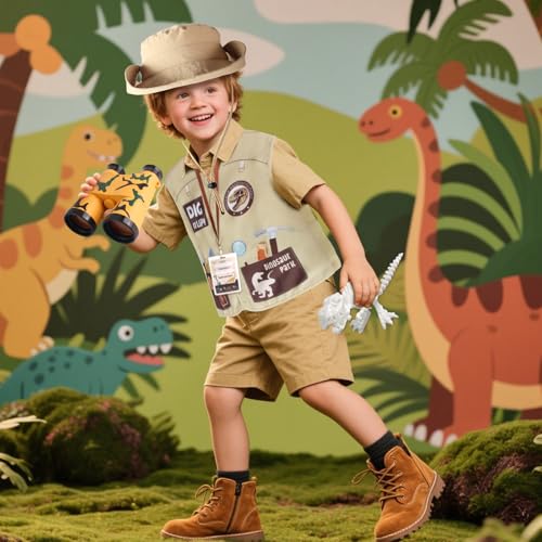 Kyson Kids Dinosaur Paleontologist Costume Explorer Hat Vest Zoo Keeper Outfit Accessories for Dino Jungle Safari Theme Party - color: Khaki