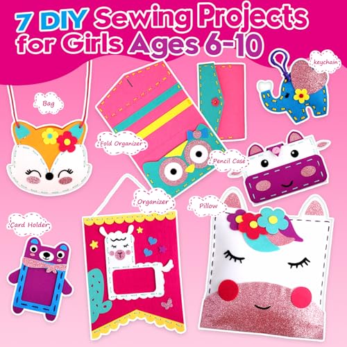 Sewing Craft Kit for Girls: DIY Felt Sewing Kit for Kids Ages 5-10, 7 Fun Projects with Stuffed Animals & Pillows, Learn to Sew Kit for Beginners, Ideal for Christmas & Birthday, Arts & Crafts Ideas