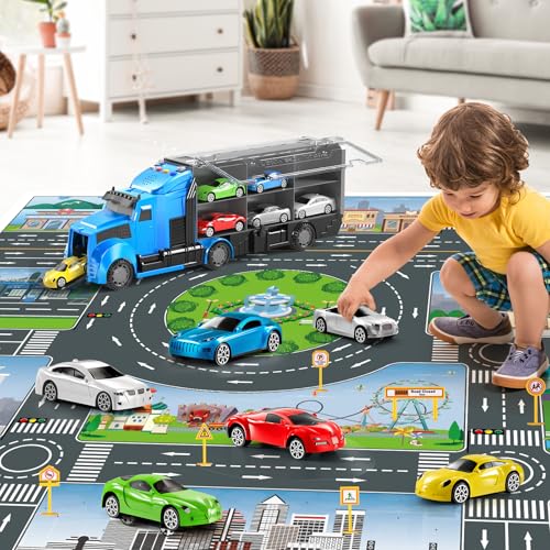 NIPLOOOW Racing Trucks Toy Set with Play Mat, Carrier Truck Play Vehicles Set for 3 4 5 6 Years Old Boys Kids, Die-Cast Car Toy for Toddlers 3-4 Years, Birthday Gifts Toys for 3-9 Year Old Boys - style: Racing Car