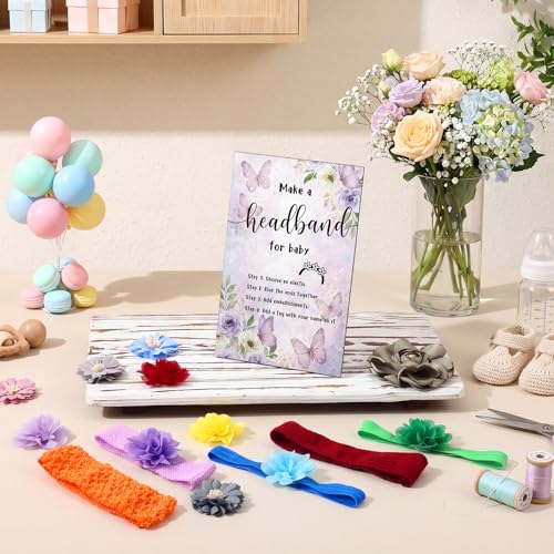 Geosar Baby Shower Games DIY Headband Making Kit Include Wooden Game Sign Elastic Cute Flowers Hairbands Round Fabrics and Tape Makes 30 Headbands for Baby Shower Guest Games(Butterfly) - style: Butterfly