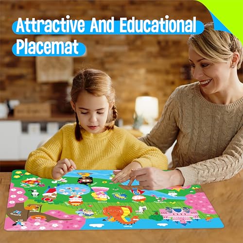 6 Pack Placemats for Kids, Non-Slip Washable Dining Mats, Reusable Jungle, Underwater World, Farm, Dinosaur, Vehicle & Magic World Table Mats for Home, Kindergarten, Classroom, Nursery - style: Animal World