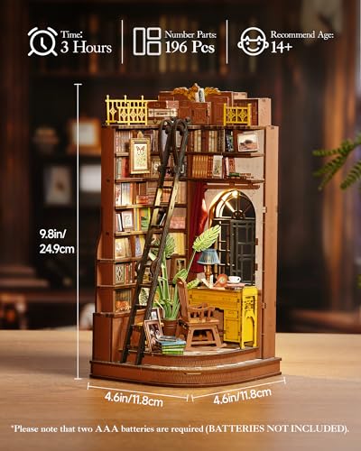 ROBOTIME DIY Miniature Dollhouse Kit, Mini House Book Nook Kits Bookshelf Decor, Vintage Bookstore with Led Light, 3D Wooden Puzzle Gifts for Adults Book Lovers Family Friends (Silent Corner Study) - color: Brown - Silent Corner Study
