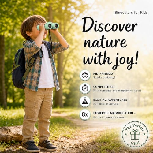 Binoculars for Kids – Perfect Toy for Little Boys and Girls – Extensive Set Incl. Magnifying Glass & Compass – Powerful Magnification 8X21 – 3 to 12 Year Old Kids for Toddler - color: Mint Green
