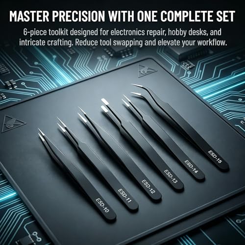 6-Piece ESD Precision Tweezers Set, Stainless Steel Fine Tip for PCB Repair