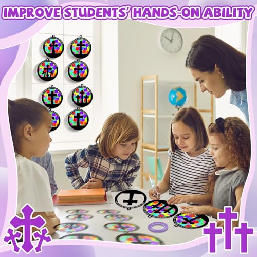 QOUBAI 32 Sets Easter Cross Suncatchers Craft Kit DIY Religious Window Stained Glass Effect Christian VBS Paper Hanging Ornament Kid Sunday School Birthday Gift Creative Art Project Activity Game - style: Circle Cross