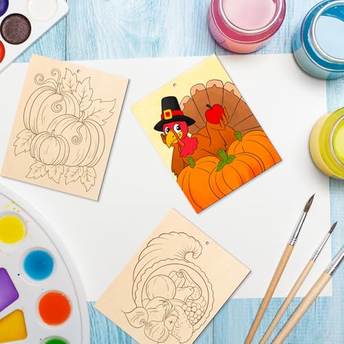 COCHIE 10PCS Large Thanksgiving Unfinished Wood Crafts to Paint for Adults, Bulk Predrilled Wooden Ornaments for Painting, Pumpkin Scarecrow Paintable Wood Slices Craft Supplies with Ropes - color: Thanksgiving