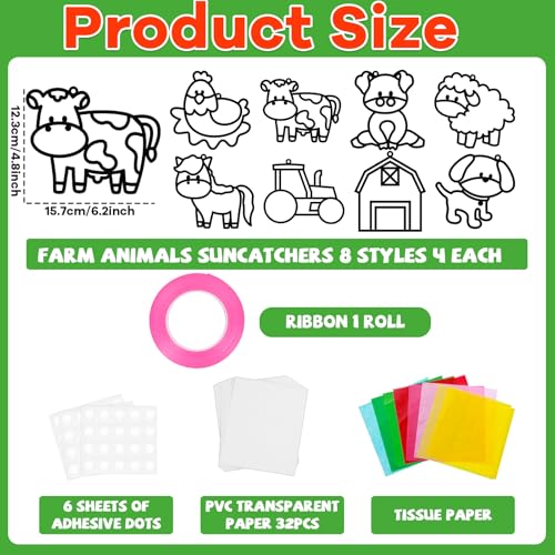 QOUBAI 32 Sets Farm Animals Suncatchers Craft Kit DIY Window Stained Glass Effect Cow Horse Chicken Paper Craft Home School Classroom Decoration Kid Birthday Gift Creative Art Project Activity Game - style: Farm Animal
