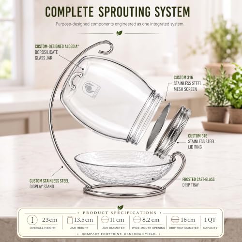 Premium Sprouting Jar Kit - Unique 30 oz Wide Mouth Sprouting Jar, Stand, Tray and 316 Stainless Screen Lid | Decorative Indoor Seed Sprouter and Germinator (1 Kit)