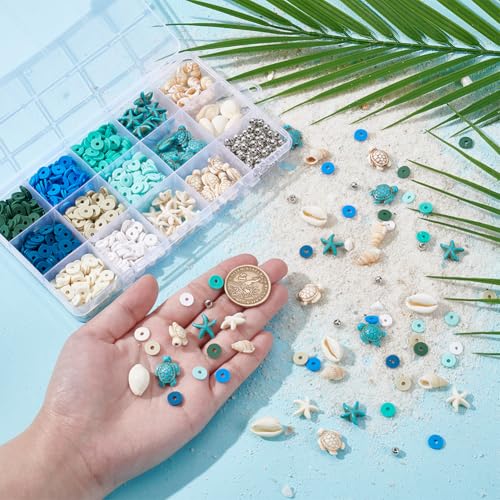 UNICRAFTALE 1 Box About 1000Pcs Turtle Beads Starfish Beads Bohemian Style Natural Shell Charms Colorful Flat Round Summer Ocean Sea Animal Bead Set Flat Preppy Bead for Jewelry Making - color: White & Blue