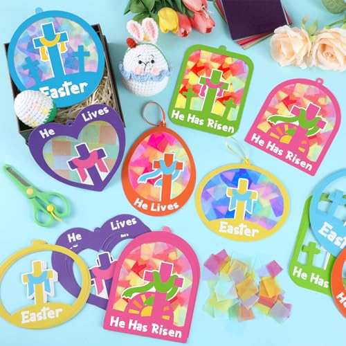 Qyeahkj 36 Set Easter Suncatchers Crafts for DIY Resurrection Church Window Tissue Paper Crafts Kit He is Risen Hanging Decor for Religious Cross Home Activity Art Project Favor Gift - style: Easter