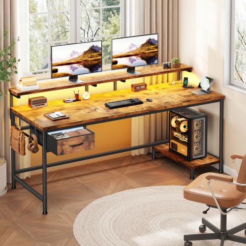 DurayLoly 55" Office Desk with Power Outlet & Fabric Drawer,Rustic Brown - color: Rustic Brown, size: 55 IN