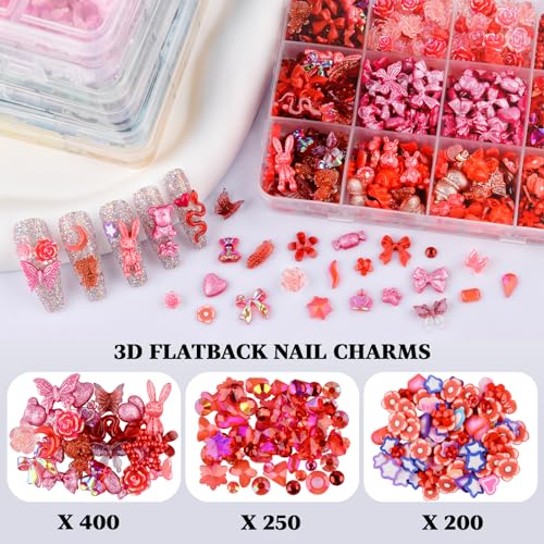 850 Pieces 3D Butterfly Rose Flower Bow Rabbit Bear Nail Charms Kit with Nail Art Rhinestones Pearls Crystal Gems Nail Slices for Manicure DIY Crafts Jewelry Accessories (Red) - color: Red